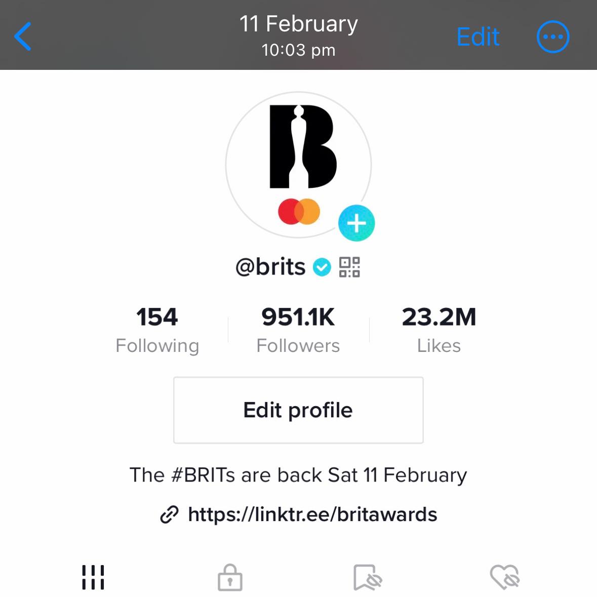BRITs TikTok 940K followers 11 Feb